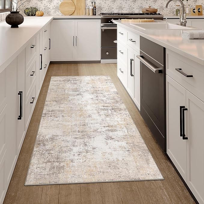 2x4 Washable Runner Rug Beige Grey Abstract Hallway Kitchen Throw Rug Neutral Modern Non Slip Soft Low Pile Carpet for Bathroom Laundry Bedroom Living Room