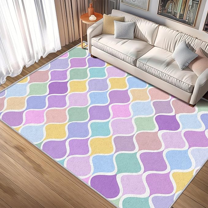 Washable 5x7 Abstract Wave Rug Living Room, Modern Geometric Colorful Design Area Rugs for Bedroom, Abstract Wave Home Decor Carpet, Low Pile, Non Slip, Kids & Pet Friendly (N4168)