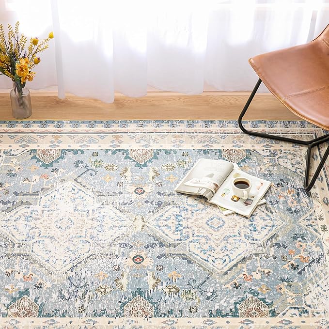 Phantoscope Washable Area Rug 4'x6' Non-Slip, Vintage Neutral Rugs for Living Room, Bedroom, Dining Room, Distressed Boho Geometric Medallion Pattern, Low-Pile Foldable Floor Carpet, Dusty Blue/Multi