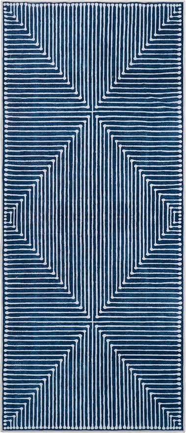 GLN Rugs Contemporary Collection - Machine Washable Area Rug, Contemporary Washable, Non Slip, Low Pile Chenille Rug, Living Room, Bedroom, Kitchen Rug (2'6" x 7' Lines Blue)