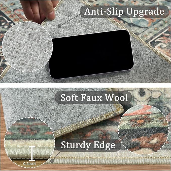 4x6 Machine Washable Area Rug for Living Room, Blue Beige Boho Vintage Floral Rug Large Non-Slip Low Pile Soft Faux Wool Carpet, Kids and Pets Friendly for Bedroom Dining Room Farmhouse Decor Rug