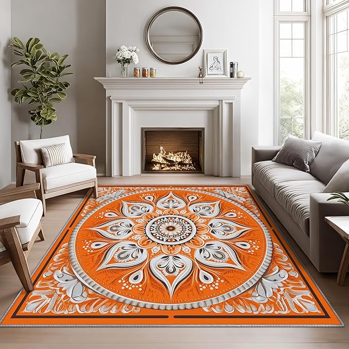 Mandala Rugs 5x7 -Orange Mandala Rug, 3x4 ft, Vintage Meditation Area Rugs for Bedroom, Hippie Spiritual Washable Carpet for Entryway, Kitchen, Boho Vintage Floral Home Decor & Gifts