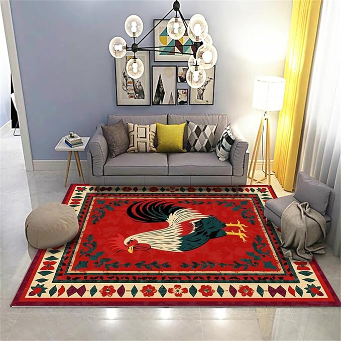 Vintage Rooster Area Rug,3x5ft,Beautiful Floral Border Country Style Rooster Rug，Colorful Retro Home Decoration Rugs，Washable Carpet for Living Room Bedroom Kitchen Farmhouse Office