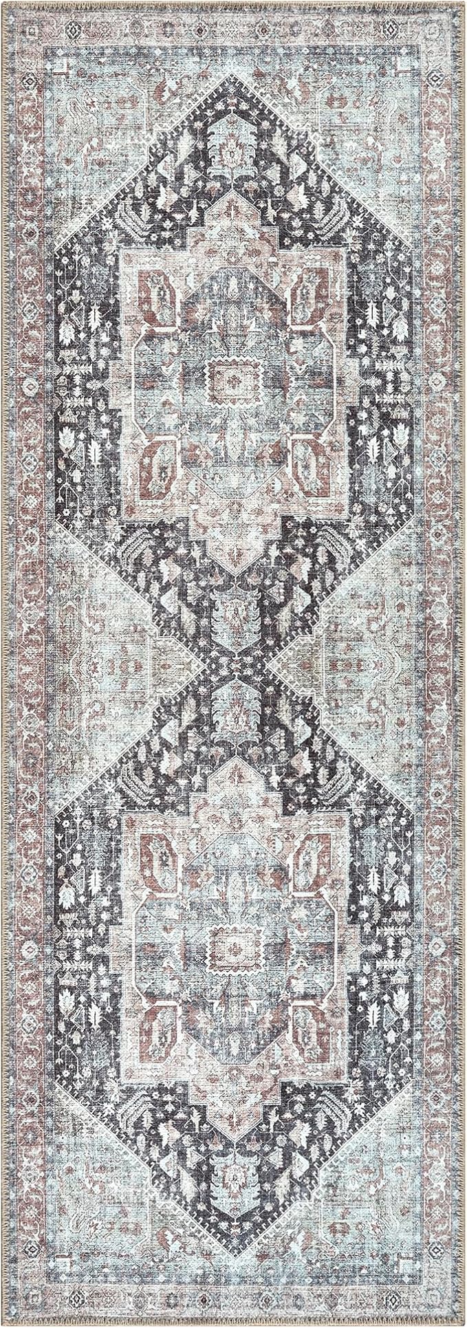 Bloom Rugs Washable Non-Slip 12 ft Runner - Charcoal/Brown Traditional Medallion Runner for Entryway, Hallway, Bathroom, and Kitchen - Exact Size: 2.5' x 12'
