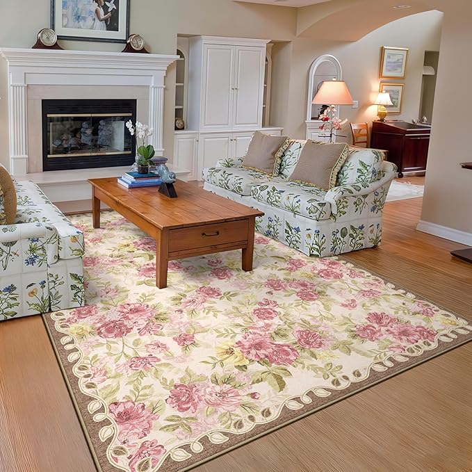 5x8 Machine Washable Area Rug for Living Room, Pink Vintage Boho Floral Rug Large Non-Slip Low Pile Soft Faux Wool Carpet, Kids and Pets Friendly for Bedroom Dining Room Farmhouse Home Decor Rug