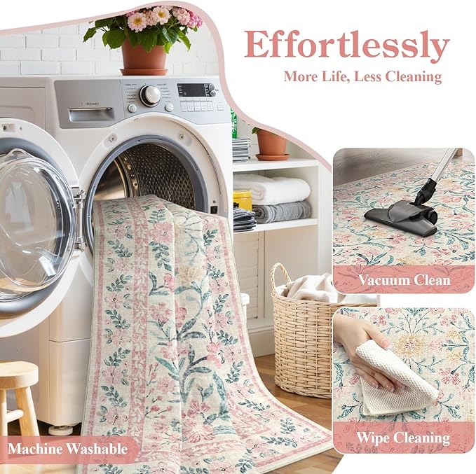Wonnitar Pink Rugs for Bedroom Girls, 5x7 Washable Rug for Nursery Decor, Boho Soft Floral Carpet Non Slip, Indoor Ultra-Thin Floor Carpet for Baby Kids Room Living Room Dorm
