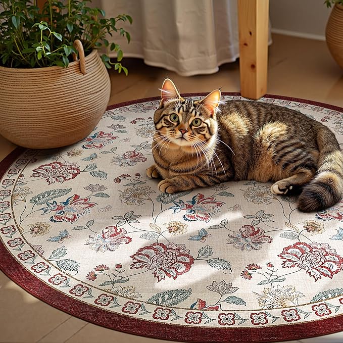 jinchan Elora 6ft Floral Round Rug for Dining Room Washable Living Room Rug Vintage Romance Design Non Slip Indoor Floor Cover Lightweight Low-Profile Throw Carpet for Bedroom Porch Patio, Red/Beige