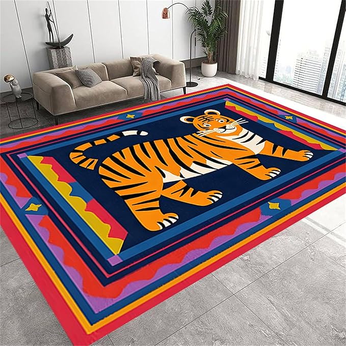 Cartoon Tiger Area Rug, 5x8ft,Tiger Theme Decorative Rug Suitable for Living Room Sofa Area, Modern Abstract Non-Slip Washable Tiger Pattern Rug Suitable for Bedroom Children's Room Decoration