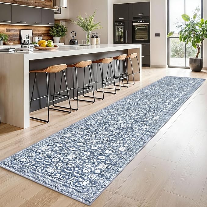 Runner Rug 2.6x14, Light Blue White Washable Long Hallway Rug Runner Non-Slip Soft Kitchen Runner Thin Printed Faux Wool Super Soft Carpet for Entryway Bedroom Laundry Room Indoor Home Decor