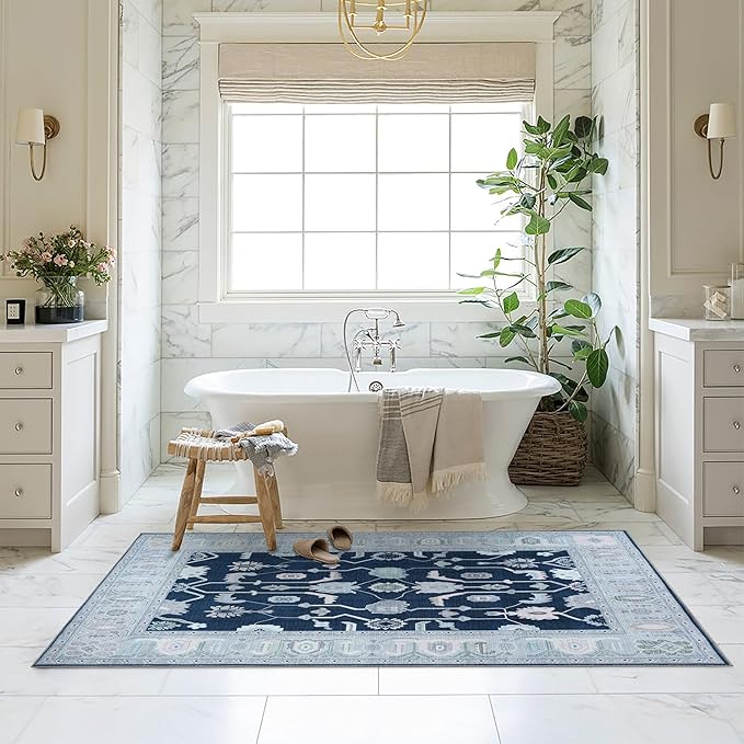 Fame Living Navy Blue Oushak Rug, Modern, Vintage, Turkish, Eclectic, Floral, Pastel, Washable, Area Rugs for Living Room, Dining, Bedroom, Office, Entryway, Foyer, Playroom, Nursery, 5'x6'9"