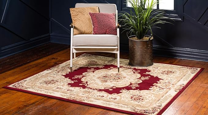 Rugs.com Chateau Collection Rug – 7' Square Red Medium Rug Perfect for Living Rooms, Kitchens, Entryways