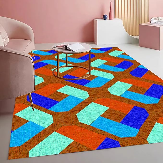 Bright Vibrant Geometric Living Room Area Rug with Burgundy and Blue Colorful Texture Machine Washable Non Slip Soft Carpet for Nursery Room Bedroom Dining Room Home Office Indoor 6x8 Rugs