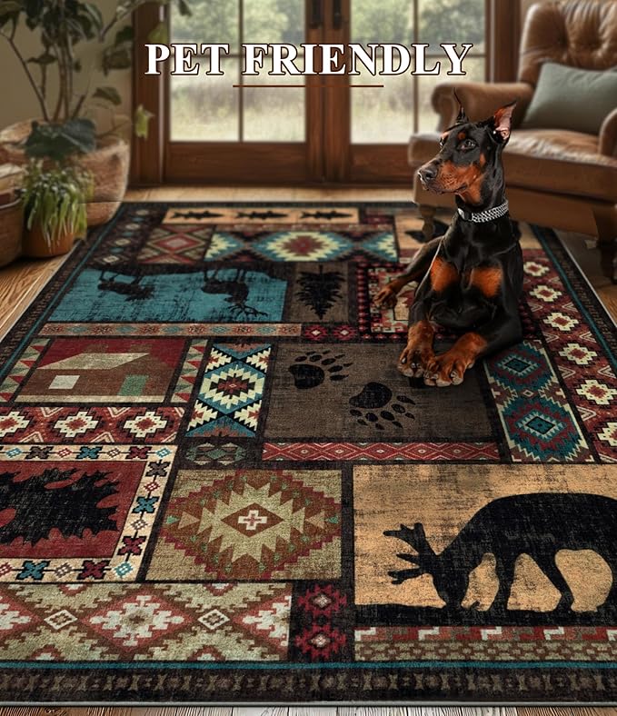 YIHOUSE Rustic Cabin Rugs for Living Room 9x12, Wildlife Bear & Deer Area Rug, Washable Southwestern Lodge Large Area Rug