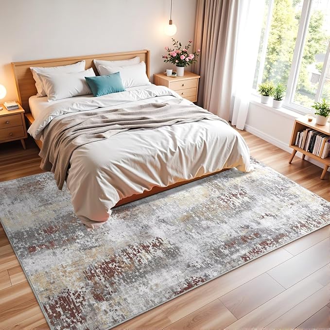 Washable Abstract Rug, 5x7 Modern Area Rugs with Non-Slip Rubber Backed for Living Room, Thin but Soft Contemporary Carpet Kitchen Bedroom Dining Room Decor, Rusty Brown