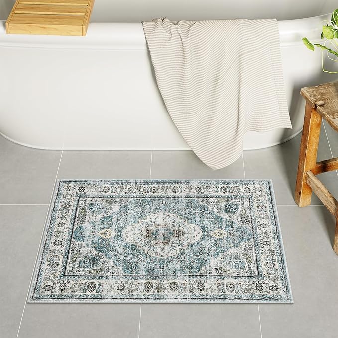 Uphome Blue Bathroom Rugs, Distressed Farmhouse Boho Bath Mat, Comfy Velvet Small Bath Rugs Non Slip Washable, Vintage Oriental Toilet Rug for Sink Shower Vanity, 18x26 inch