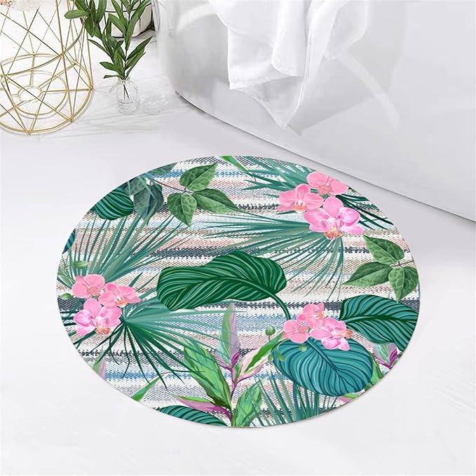Indoor Outdoor Round Rug 4ft - Blue White Tropical Botanical Pattern, Non-Slip Patio Carpet, Easy-Clean Non-Shedding Rug for Living Room, Kitchen, Garden, Indoor Shower Mat