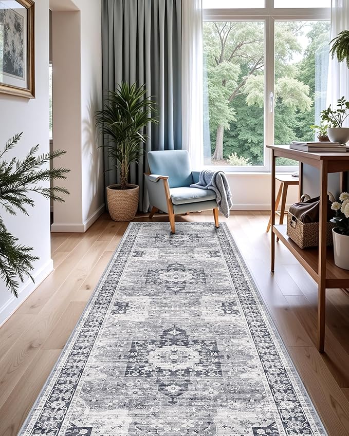 LUMI Runner Rug 3x7, Washable Non-Slip Hallway Throw Rugs, Long Soft Thin Vintage Oriental Kitchen Mats, Low-Pile Indoor Kitchen Entryway Area Rug, Dusty Blue