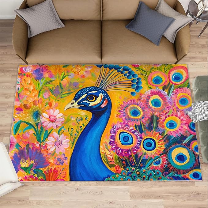 Peacock Rugs for Living Room - 4x5 Rug, Boho Floral Botanical Area Rugs for Bedroom, Wonderful Peacock Rug, Peafowl Washable Carpet, Floral Animal Carpet - Peafowl Home Decor & Gifts