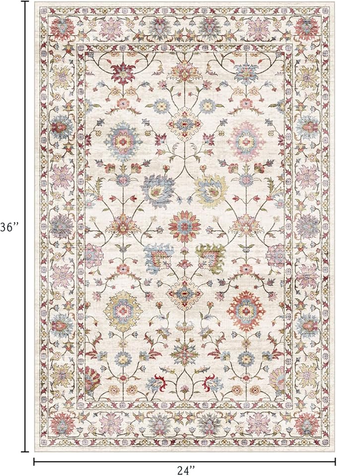 2x3 Washable Entryway Rug - Small Entry Rug Non-Slip Cream Colorful Vintage Traditional Floral Kitchen Rugs Low Pile Boho Carpet Throw Rugs for Bedroom Bathroom Entrance Dorm Laundry Room