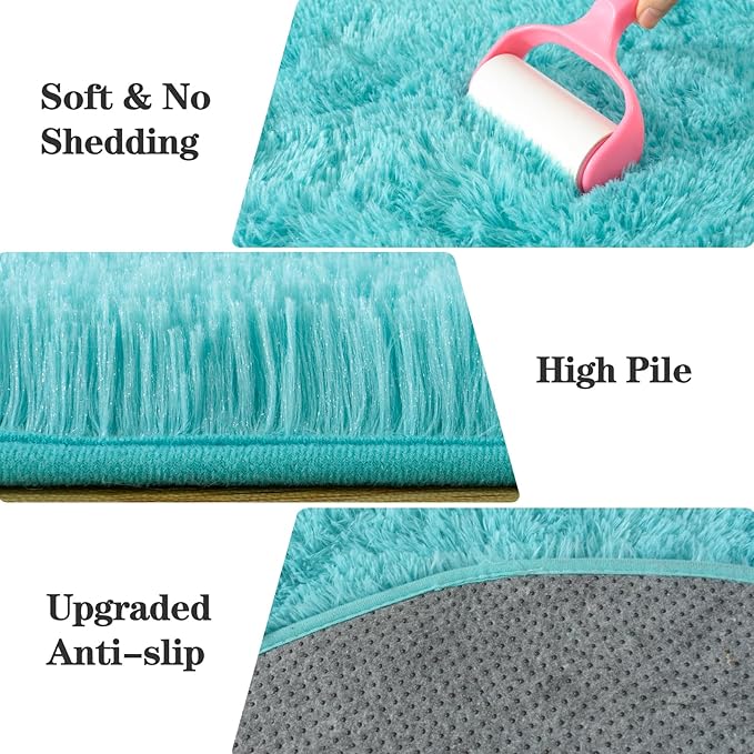 Soft Fluffy Area Rug for Bedroom, Teal Blue Fuzzy Shaggy Oval Throw Rugs for Bedside, Non-Slip Cozy Plush Shag Carpet for Kids Room Nursery Dorm Living Room, 2.6 x 5.3 Feet