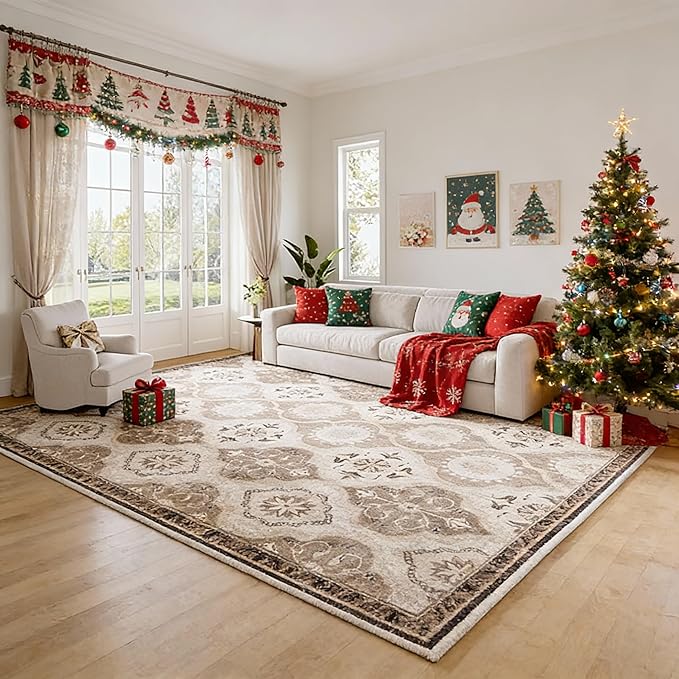 EnHomee 8x10 Area Rug, Soft Washable Rugs for Living Room Bedroom, Boho Non Slip Low Pile Stain Resistant Washable Rug Large Area Rugs for Dining Room,Easy to Clean Living Room Rug, Khaki