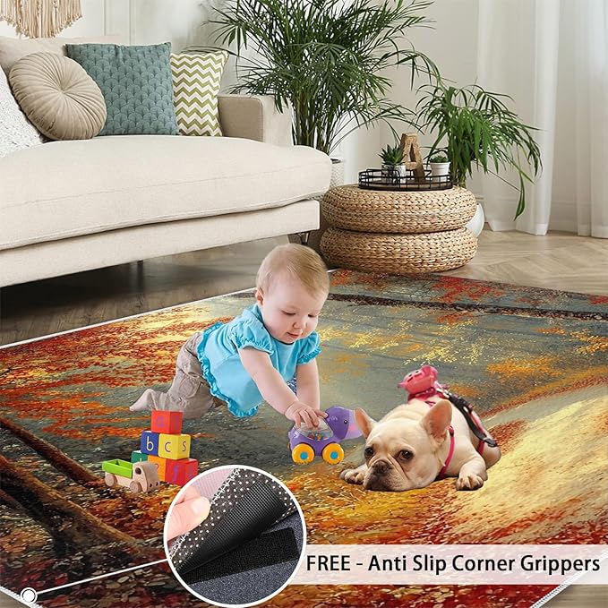 3x6 Autumn Forest Bedroom Rug Under Bed - Natural Landscape Kids Room Rugs, Forest Path Bedroom Runner Rug Soft Washable for Living Room Kitchen