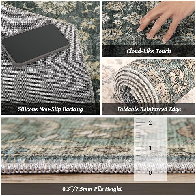Washable 5x7 Area Rugs for Living Room, Boho Non-Slip Vintage Distress Rugs for Bedroom Dining Room Nursery Office, 0.3" Neutral Oriental Throw Thin Carpet with Cushioning Pad, Sage Green/Blue/Multi