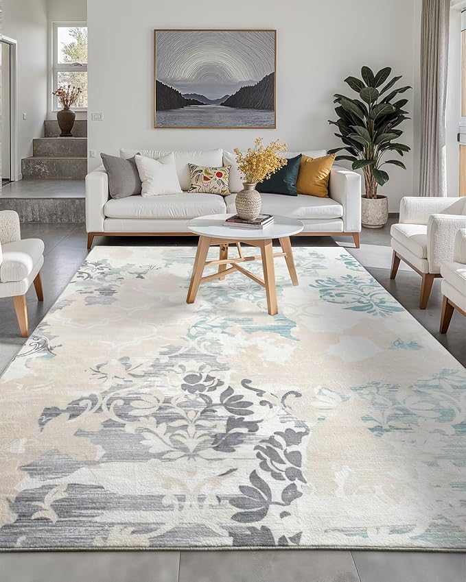 Washable Abstract Rug, 5x7 Ivory and Aqua Floral Area Rugs with Non-Slip Rubber Backed for Bedroom, Low Pile Modern Throw Carpet Kitchen Living Room Decor
