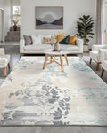 Washable Abstract Rug, 9x12 Ivory and Aqua Floral Area Rugs with Non-Slip Rubber Backed for Living Room, Low Pile Modern Throw Carpet Bedroom Dining Room Decor