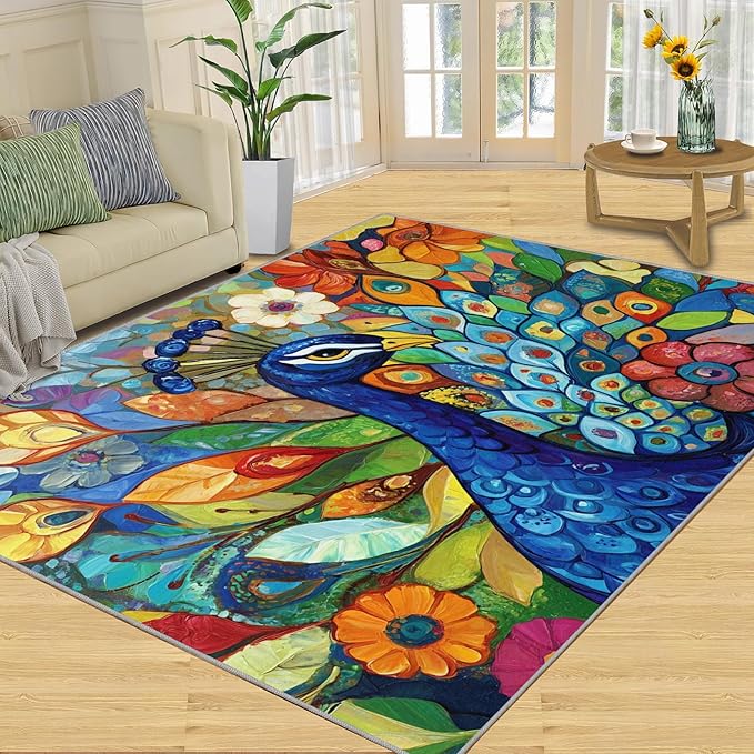 Boho Peacock Rug Large - 6x9 Rug, Colorful Peacock Washable Rugs for Living Room, Teal Turquoise Carpet, Modern Style Non-Slip Area Rugs for Bedroom, Aesthetics Carpet - Peafowl Home Decor & Gifts