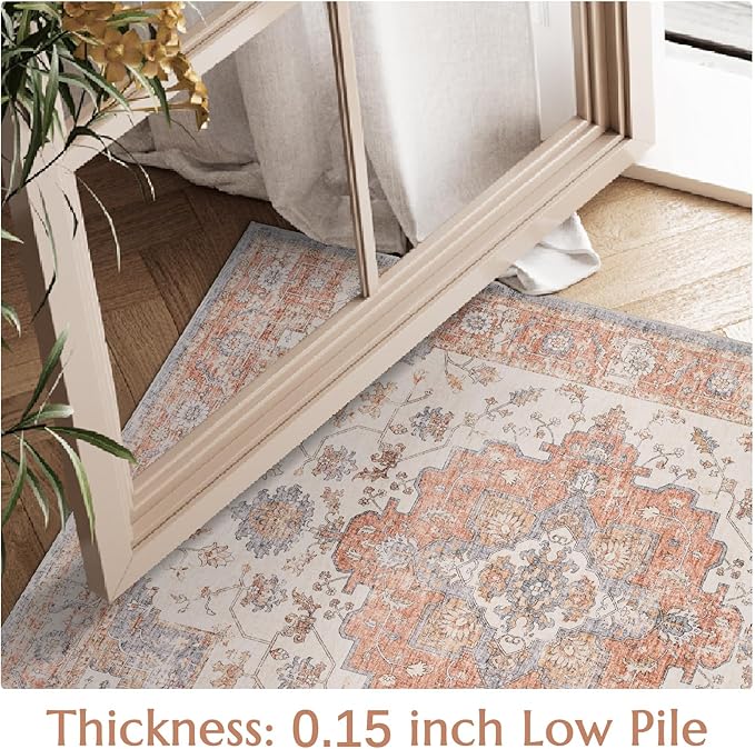 jinchan Runner Rug 3x8 Vintage Hallway Runner Boho Washable Rug Floral Medallion Retro Non Slip Classic Thin Soft Carpet for Kitchen Bedroom Bathroom Laundry Room Doorway Brick Red
