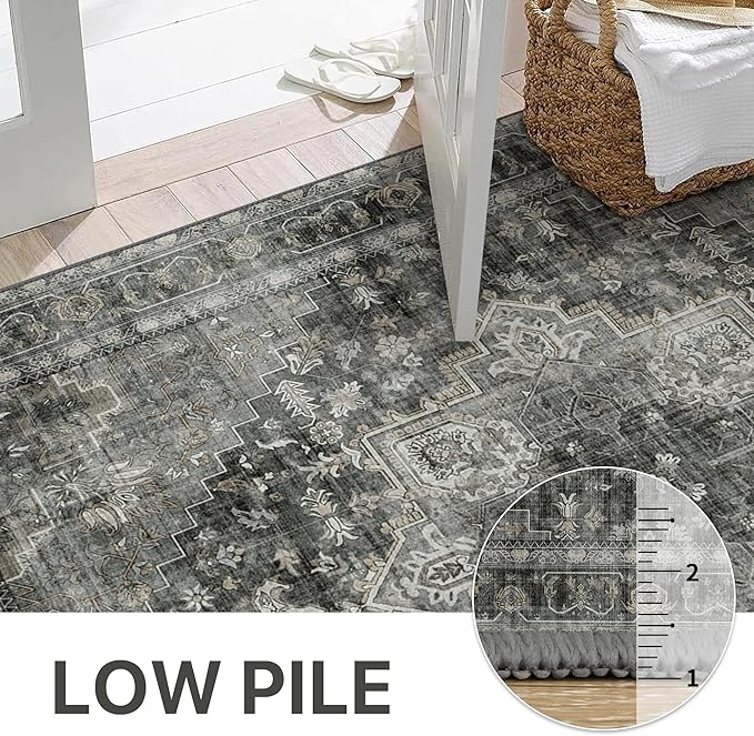 GENIMO 2'6"x10 Runner Rugs for Hallway, Machine Washable Non Slip Vintage Rugs, Low Pile Lightweight Soft Print Rug for enrtyway, Corridor, Home Office, Kitchen, Charcoal Gray