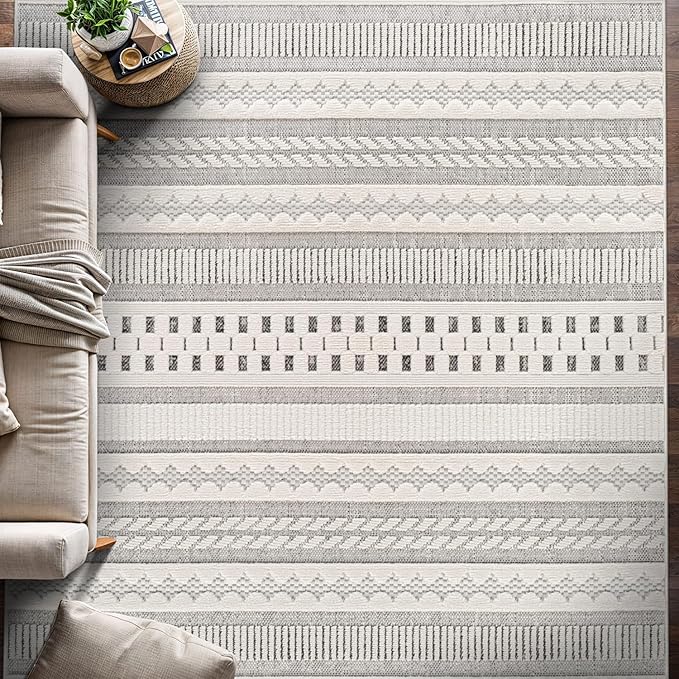 Beverly Rug Micro Loop Area Rug Gray/White 5x7 Geometric Modern Scandinavian Striped Durable Soft Indoor Rugs for Living Dining Room Office Stain Resistant Non Shedding Casual Indoor Carpet 5 x 7