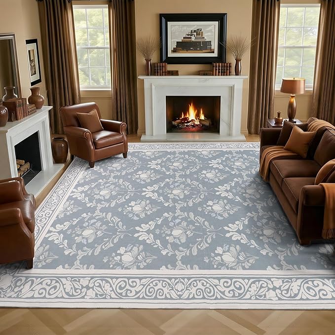 SOULFUL Medium Pile 8x10 Rugs for Living Room - Soft Underfoot Large Area Rug - Greige Boho Floral - Washable Non-Slip - Perfect for Bedroom Kids Room Under Dining Table Office