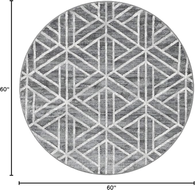 Rugs.com Lattice Trellis Collection Rug – 5 Ft Round Gray Low-Pile Rug Perfect for Kitchens, Dining Rooms