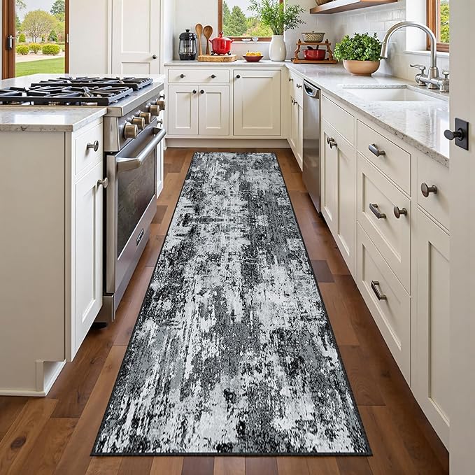 Washable Area Rugs 2'x6' Non-Slip Modern Abstract Soft for Living Room Entryway Bedroom Nursery, Print Pattern, Black Gray