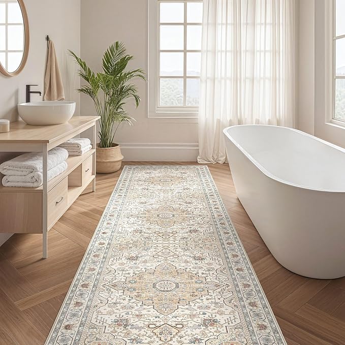 Runner Rug Kitchen Washable Rugs: 2x6 Non-Slip Boho Soft Vintage Stain Resistant Indoor Floor Neutral Farmhouse Throw Carpet for Hallway Bathroom Laundry Room Entryway Bedroom- Cream