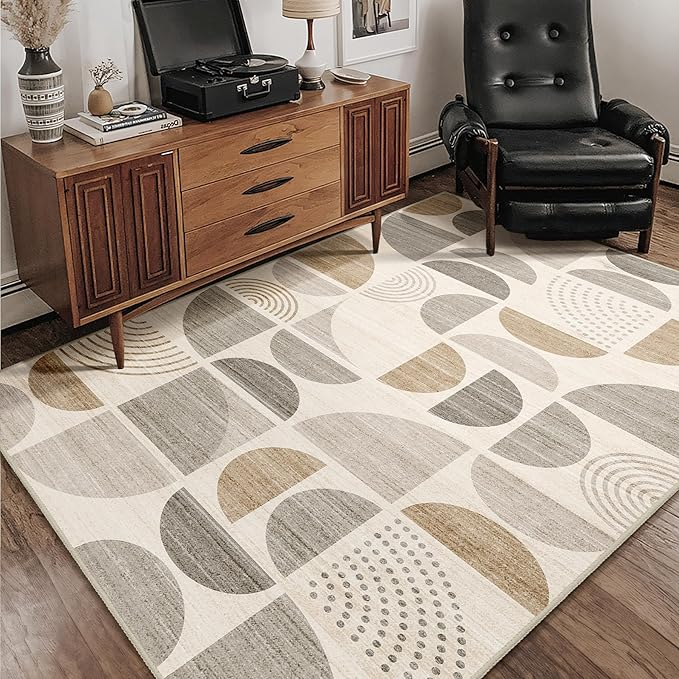 MUJOO Boho Rug Washable,4x6.5 Area Rugs for Bedroom Living Room Bedside Office,Throw Floor Carpet Non Slip Soft Indoor Modern Abstract Bohemian Neutral Beige