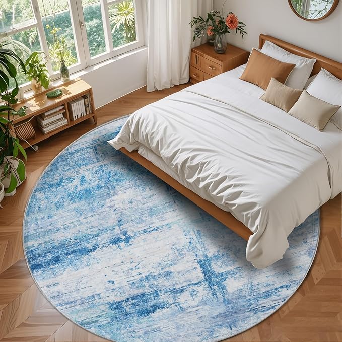 Round 5ft Area Rug Modern Abstract Washable Carpet for Living Room Entryway Dining Room Home Office - Abstract Teal Grey