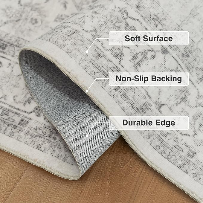 FMFUNCTEX 5x7 Washable Area Rug Grey Neutral Vintage Non Slip Low Pile Traditional Indoor Carpet for Living Room Bedroom Soft Retro Floral Mat Throw Rug for Dining Office Kitchen Dorm Entryway
