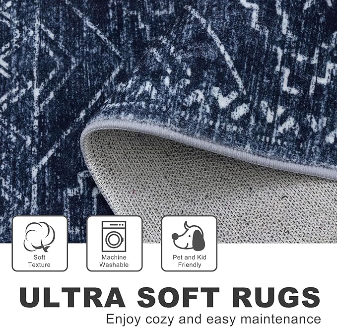 KILOCOCO Area Rug 4'x6' Entryway Rug Washable Bedroom Rugs Non Slip Printed Boho Low-Pile Rubber Backed Blue Soft Rugs for Kitchen Living Room Dining Geometric Moroccan Carpet, Dark Blue