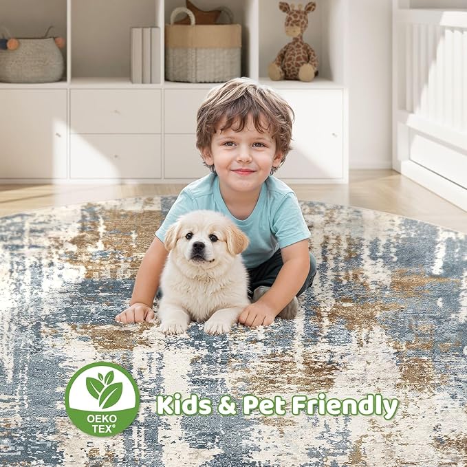 Round Rug Living Room Rugs: 8Ft Washable Circle Large Abstract Modern Soft Stain Resistant Non Slip Indoor Floor Carpet for Bedroom Nursery Office Dining Room Dorm Home House Decor- Tan Blue