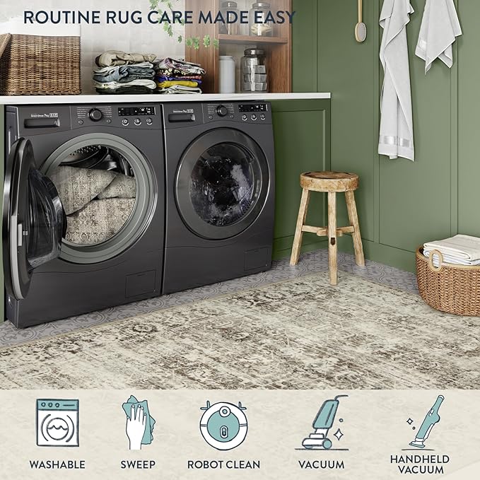 Lahome Washable Rugs 5x7 Boho Living Room Area Rug,Soft Throw Bedroom Area Rug,Retro Distressed Non-Slip Low-Pile Accent Rug Indoor Carpet for Entryway Office Home Decor(5 x 7,Beige)