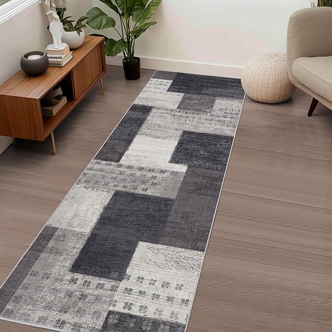 Modern Geometric Patchwork Indoor Runner Rug for Living Room, Charcoal 2'x 6' Rug Rockwood Collection Hardwood Floors Decor for Bedroom, Grey Throw Carpet for Office Entryway Dining Room