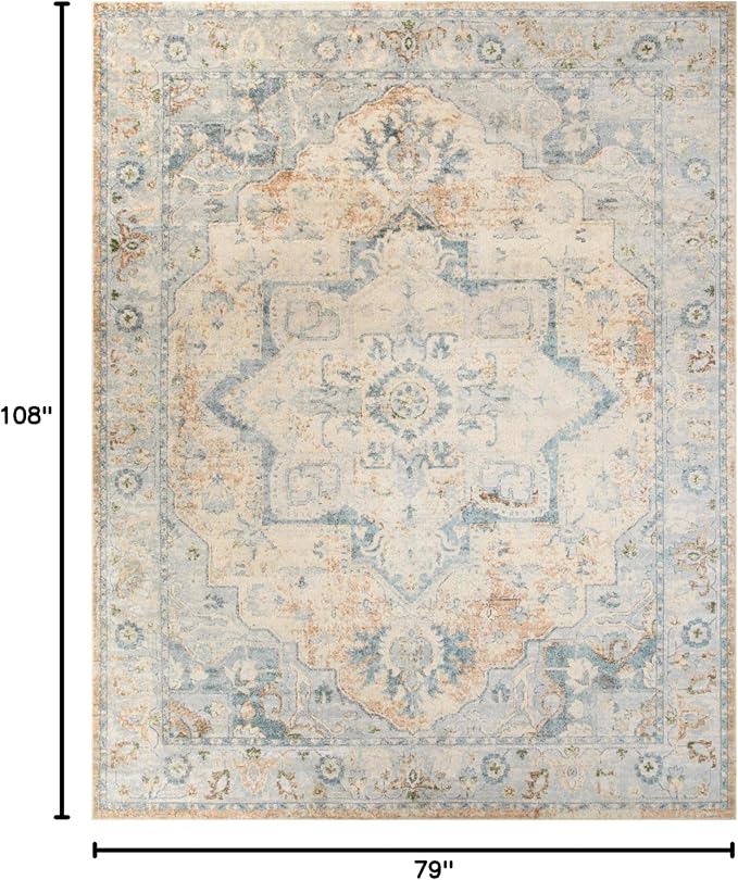 Nourison Home Astra Machine Washable Beige Blue 6'7" x 9' Area Rug - Easy Clean, Non Shedding, Bed Room, Living Room, Dining Room, Kitchen (7' x 9')