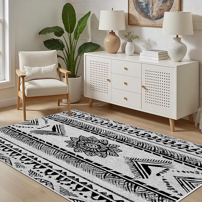 Area Rugs Moroccan for Living Room 3x5, Washable Non-Slip Boho Rug, Neutral Farmhouse Soft Carpet for Bedroom, Kitchen, Dining Room, Entryway, Geometric Print Tribal Carpets, Black and White