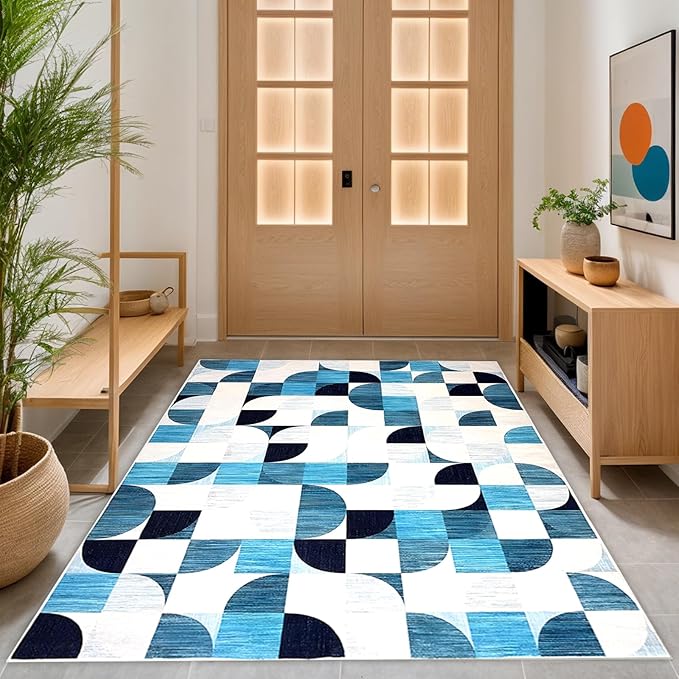 3x5 Rugs Machine Washable, Modern Abstract Area Rugs for Bedroom Entryway Living Room Bedside Low-Pile, Boho Small Throw Floor Carpet Non Slip Soft Indoor Rug Ultra-Thin Navy Blue