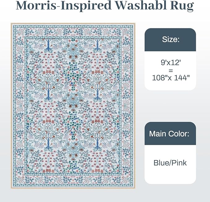 9x12 Area Rug Living Room Rug - Floral Vintage Forest Washable Carpet, Low Pile Non-Slip Stain Resistance Boho Soft Large Carpet for Bedroom, Dining Room Under Table, Farmhouse (9'x12' Blue/Pink)