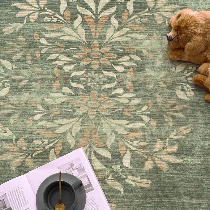 jinchan Round Rug 4ft Area Rugs Vintage Floral Distressed Design,Machine Washable Soft Non-Slip Low-Pile Ultra-Thin Circle Rug for Entryway Bedside Living Room Kitchen Nursery (4' Round,Dark Green)