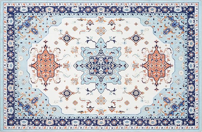 Phantoscope Washable Area Rug 4'x6' Non-Slip, Vintage Boho Rugs for Living Room, Bedroom, Dining Room, Medallion Persian Symmetrical Pattern, Low-Pile Foldable Floor Carpet, vory Blue/Orange